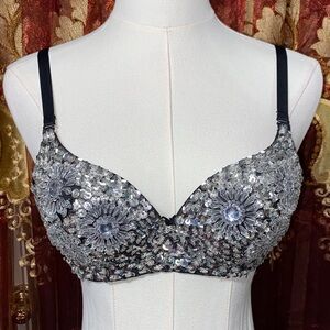 Vintage Silver Sequin Embellished Bra with Floral Crystal Accents